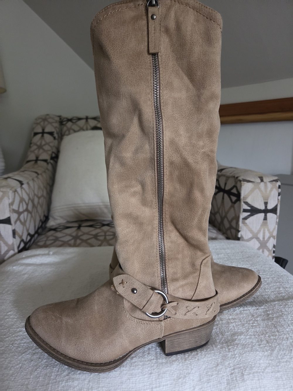 Very G Taupe Suede Knee-High Harness Boots